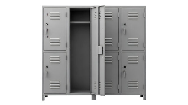 A gray metal locker unit with one door open stands isolated on transparent background school lockers gym storage steel industrial cabinet equipment