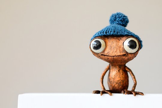 Whimsical wooden frog wearing a blue knitted hat