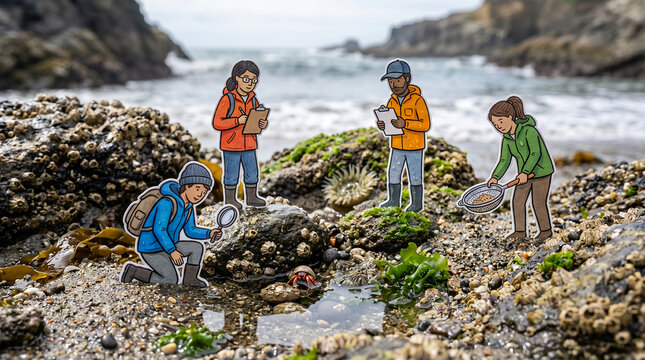 Marine biologists examine sea life in rocky tide pools on the coast.