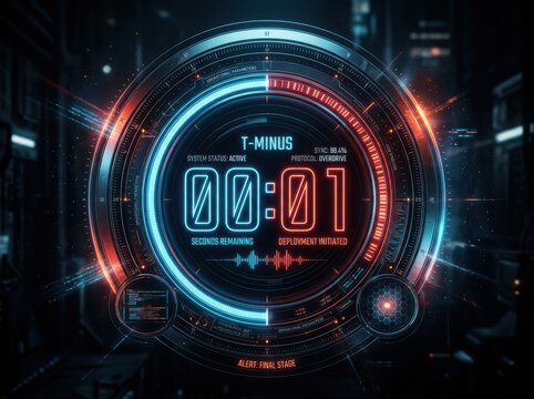 Futuristic digital timer display showing final countdown sequence with blue and red neon interfaces
