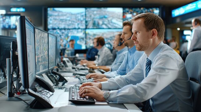 Control Room Operation: A focused team of operators diligently works in a high-tech control room, monitoring multiple screens displaying live feeds and data.