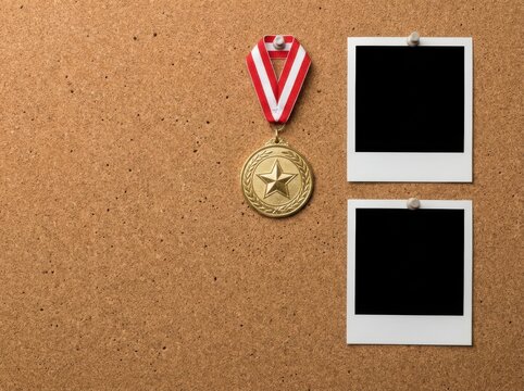 Gold medal on red and white ribbon with two blank polaroid frames pinned on cork board, award and memories