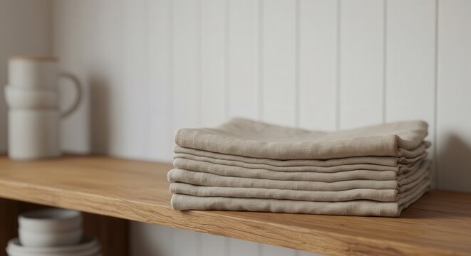 Neatly folded stack of natural linen napkins on a wooden shelf
