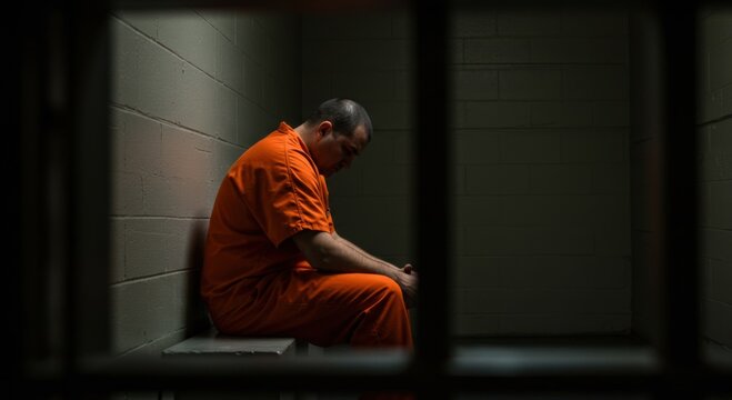 Desperate prisoner in orange jumpsuit sits alone in dark cell contemplating his fate
