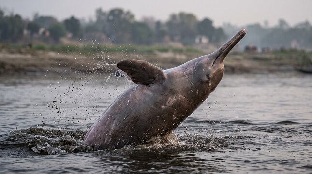 Wild river dolphin leaping out of water in natural habitat