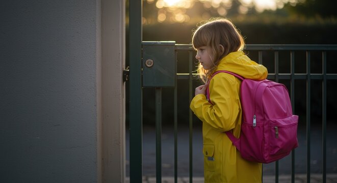Young girl in yellow raincoat with pink backpack walks towards school gate at sunrise