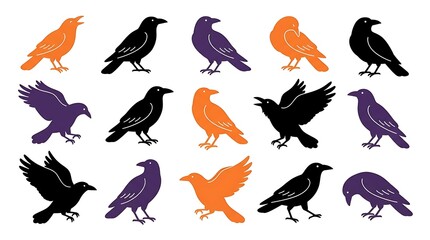 Obraz premium Set of hand drawn stylized crows and ravens in black orange and purple colors for halloween design