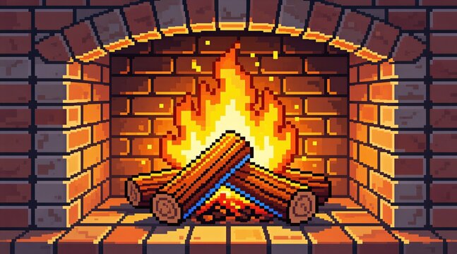Pixel art of bright orange fire burns in stone brick fireplace. Burning wood logs crackle with hot glowing flames. Retro video game aesthetic provides cozy winter atmosphere inside home living room.