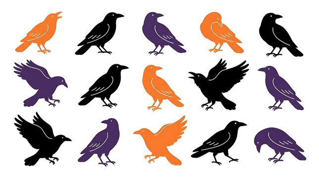 Set of hand drawn stylized crows and ravens in black orange and purple colors for halloween design