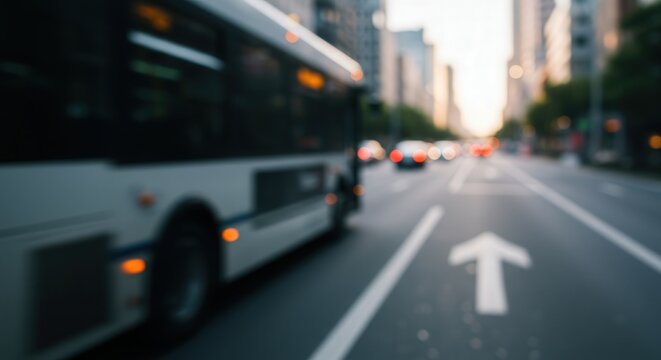 Blurred motion of a bus and traffic on a city street at sunset