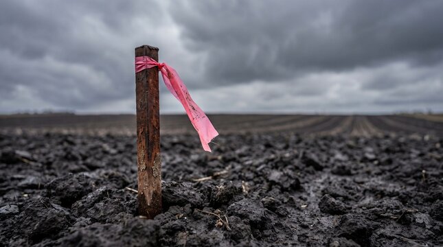 Field marker with pink ribbon in muddy soil under cloudy sky, land survey or agricultural boundary concept.