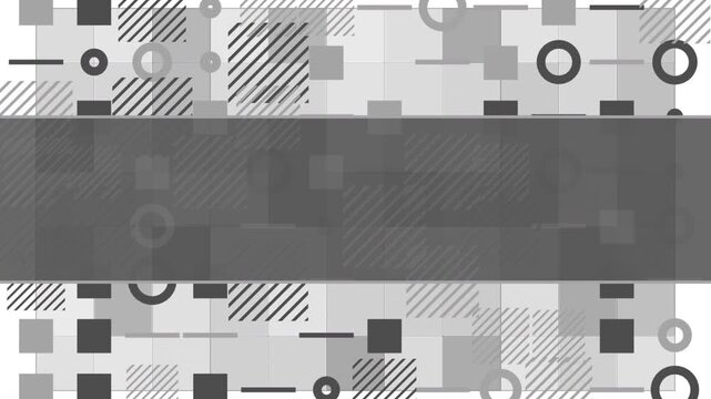 Monochrome geometric abstract background with circles, squares, diagonal stripes, and layered technical patterns, centered around a wide translucent dark gray horizontal band