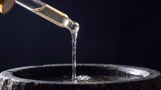 Delicate kewra water pouring from dropper into dark stone bowl macro action shot