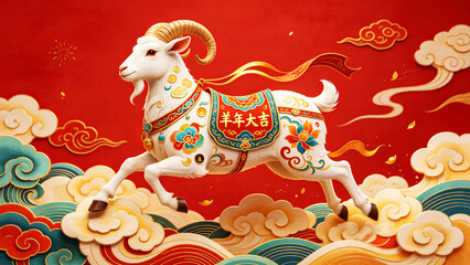 Naklejka premium White Goat Running On Cloud Year Of The Sheep Art