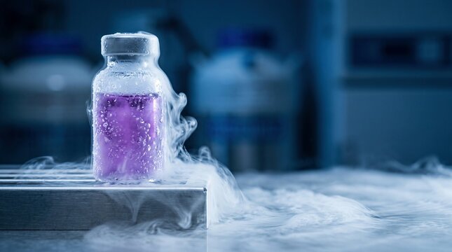 Medical vial with purple liquid and cold vapor on metallic rack, representing biotechnology and pharmaceutical research.