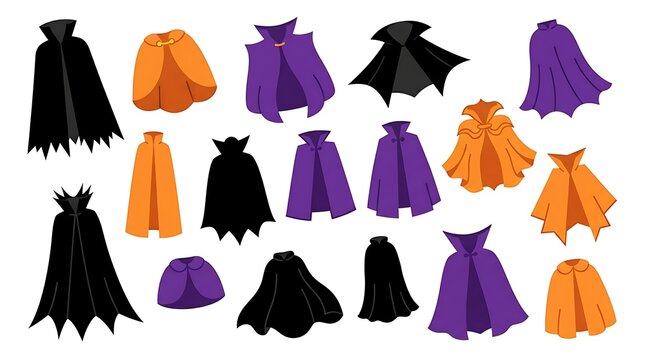 Collection of colorful halloween capes and cloaks for costumes isolated on a white background for design