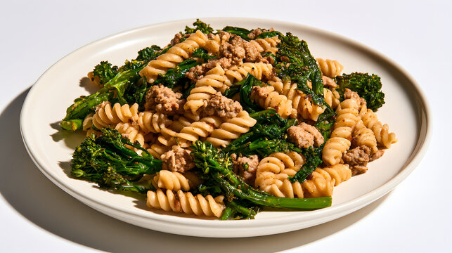 Fusilli Pasta Tossed with Crumbled Sausage and Saut&eacute;ed Broccolini on a White Plate