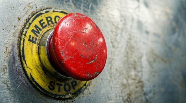 Red emergency stop button on distressed metal panel, critical safety measure for industrial machinery shutdown.