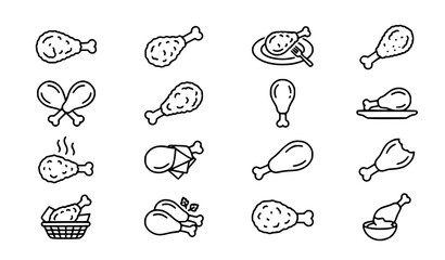 Fototapeta premium Fried Chicken Drumstick Line Art Icon Collection, Crispy Fast Food Vector Set
