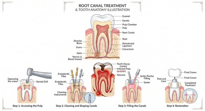 Comprehensive Root Canal Treatment and Tooth Anatomy Illustration: A 2026 Step-by-Step Guide to the Endodontic Procedure and Dental Structure.
