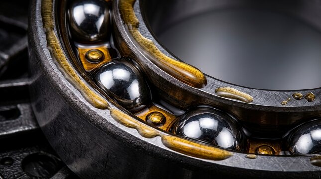 Ball bearing lubricated with golden oil in industrial setting, representing mechanical engineering and maintenance.