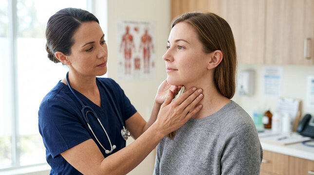 Doctor examining patient's neck for thyroid or lymph node issues in clinic