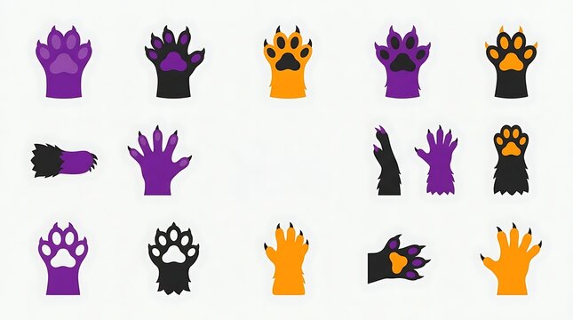 Set of colorful monster paw prints and claws in purple orange and black for halloween design elements