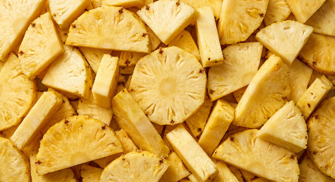 Flat lay top view background of fresh juicy sliced pineapple pieces filling the frame
