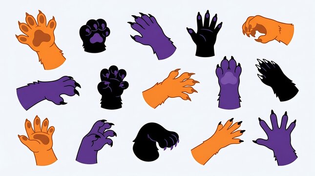 Collection of various monster hands and animal paws in orange purple and black colors for halloween design