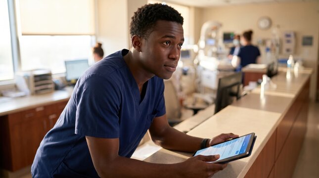 Attentive Black male nurse holds a tablet at a busy hospital station while coordinating care updates, capturing thoughtful decision-making, mobile documentation, and a contemporary clinical workplace