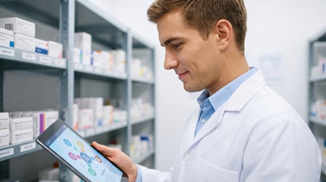 Male pharmacist studies a tablet beside orderly medicine shelves, checking digital inventory and treatment information within a bright dispensary designed for safe, efficient pharmaceutical care