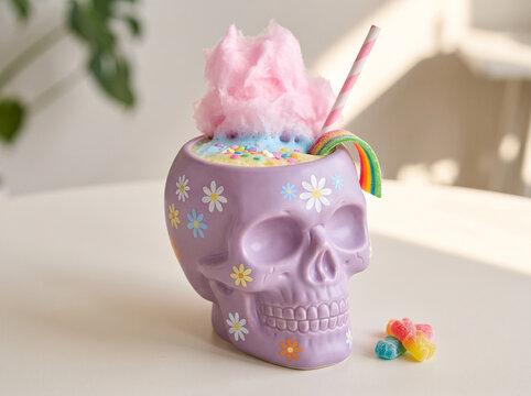 pastel purple skull mug with flowers filled with sweet milkshake topped with pink cotton candy and rainbow candy for a creative halloween celebrations