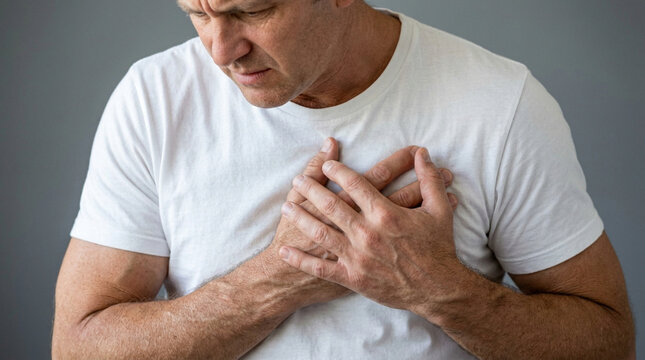 Mature Man Experiencing Chest Pain, Heart Attack Symptom, Medical Emergency