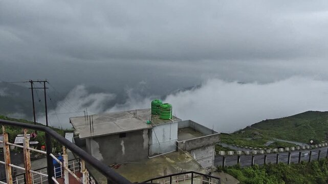Giddapahar View Point Kurseong West Bengal India Covered in Mist and Fog, Cloudy Himalayan Hills and Tea Garden Landscape, Scenic Darjeeling Hills Travel Destination During Monsoon