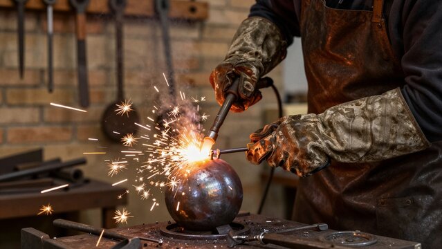 A blacksmith welds a metal sphere with intense sparks flying in a rustic workshop filled with tools and brick walls.