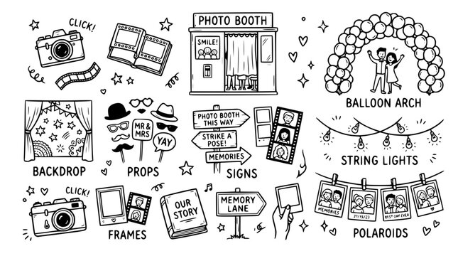 Hand drawn modern photo booth memory making icons backdrop prop sign frame polaroid string light balloon arch, black ink sketch vector illustration
