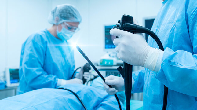 Surgeons performing endoscopic procedure with advanced medical equipment in operating room