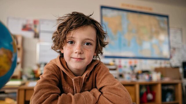 Young student with freckles smiles in a classroom with maps and globes