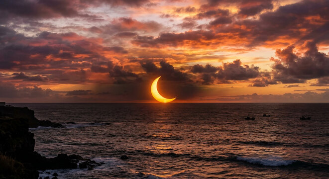Crescent Solar Eclipse Setting Over Ocean with Dramatic Clouds and Sea Cliffs
