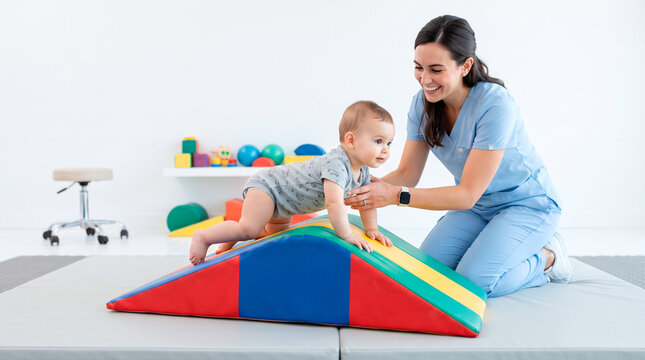 Pediatric physical therapist assists baby crawling on colorful therapy wedge