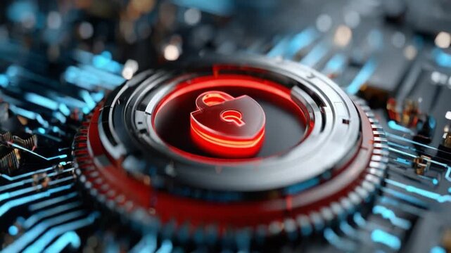 Digital Security Emblem: A glowing red padlock icon, symbolizing security, is embedded within a complex, futuristic circuit board.