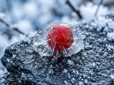 red berry frozen inside clear round piece of ice on dark surface against winter snowy forest cold winter still life with icy crust and frost