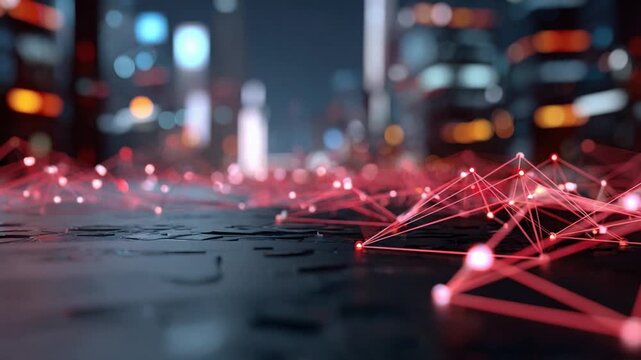 Abstract Network in the City: A futuristic abstract network with glowing red nodes and interconnected lines creates a mesmerizing pattern on a dark, textured surface.