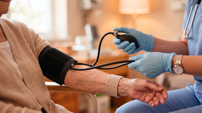 Nurse checking elderly patient's blood pressure with sphygmomanometer at home