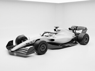 Fototapeta premium modern sports formula 1 race car with carbon fiber elements and aerodynamic body kit close up studio 3d rendering on isolated white background