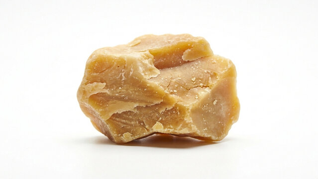 Jaggery lump featuring a rough crystalline texture sits illuminated on a bright white background.