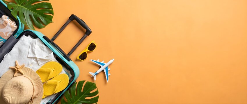 Summer Vacation Travel Concept with Suitcase and Beach Accessories