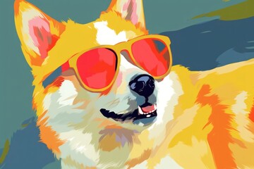 Naklejka premium Shiba dog weras sunglasses backgrounds mammal animal.