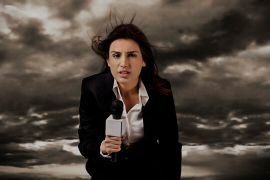 News presenter in storm 
