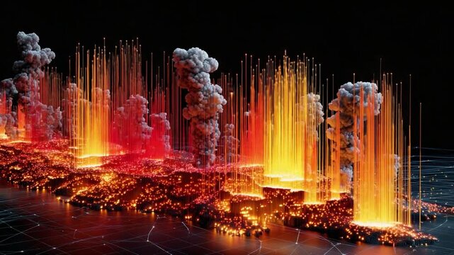 Fiery Cityscape: Abstract glowing structures erupt with vibrant orange and red energy, resembling a futuristic city on fire, set against a dark, technological backdrop.